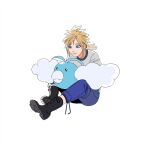  1boy aged_down black_footwear blonde_hair blue_eyes blue_pants boots cloud_strife crossover final_fantasy final_fantasy_vii highres holding holding_pokemon light_smile male_focus newb_ff7r on_lap pants pokemon pokemon_(creature) pokemon_on_lap ponytail shirt short_hair short_ponytail simple_background sitting smile spiky_hair swablu t-shirt white_background white_shirt 