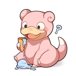  ? absurdres animal_focus blush fangs food full_body highres holding holding_food holding_ice_cream ice_cream melting_ice_cream no_humans open_clothes open_mouth pokemon pokemon_(creature) pokemon_focus sevi_(seviyummy) simple_background slowpoke smile solo tail white_background 