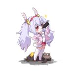  1girl ame. animal animal_ears arm_up azur_lane bird blush_stickers bottle camisole chibi chick commentary_request drinking fake_animal_ears fur-trimmed_jacket fur-trimmed_sleeves fur_trim grey_hair hair_between_eyes hairband hand_on_own_hip highres holding holding_bottle jacket laffey_(azur_lane) long_hair long_sleeves manjuu_(azur_lane) off_shoulder open_clothes open_jacket pink_jacket pleated_skirt rabbit_ears red_eyes red_footwear red_hairband red_skirt shoes simple_background skirt solo sparkle standing strap_slip thigh-highs twintails very_long_hair white_background white_camisole white_thighhighs 