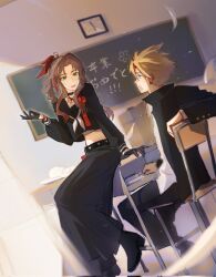  1boy 1girl aerith_gainsborough aerith_gainsborough_(midgard_seventh_high_school) bandaged_chest bandaid bandaid_on_cheek bandaid_on_face belt black_belt black_choker black_gloves black_jacket black_pants black_shirt black_shoes black_skirt blonde_hair blue_eyes bracelet braid braided_ponytail chalkboard choker classroom clock cloud_strife cloud_strife_(midgard_seventh_high_school) crop_top delinquent desk earrings falling_paper final_fantasy final_fantasy_vii final_fantasy_vii_ever_crisis gakuran gloves green_eyes grey_neckerchief hair_between_eyes hair_ribbon highres jacket jewelry long_skirt looking_at_viewer midriff neckerchief official_alternate_costume pants parted_bangs parted_lips red_ribbon ribbon ribbon_choker school_desk school_uniform shirt shoes short_hair sidelocks single_braid single_earring sitting skirt smile spiky_hair studded_belt sukeban white_shirt wq_ruilin 