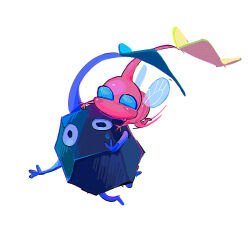  black_eyes black_skin blue_eyes blush_stickers colored_skin creature creature_focus flying happy highres hug hug_from_behind insect_wings leaf motion_blur no_humans no_mouth outstretched_arms pikmin_(creature) pikmin_(series) pink_skin rock rock_pikmin simple_background solid_eyes surprised sweatdrop white_background winged_pikmin wings yu_pikmin 