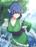  1_2nomae 1girl blue_eyes blue_hair drill_hair drill_sidelocks fins frilled_kimono frills green_kimono head_fins highres japanese_clothes kimono medium_hair mermaid monster_girl obi purple_sash sash sidelocks smile solo touhou wakasagihime 