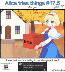  1girl alice_margatroid ascot autumn_leaves blonde_hair blue_dress blue_eyes blush bnelsey box capelet closed_mouth commentary day dress english_commentary english_text hairband holding holding_box house ko-fi_logo leaf long_sleeves outdoors qr_code red_ascot red_hairband request_inset screenshot_inset smile solo touhou tree twitter_username web_address white_capelet 