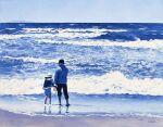  1boy 1girl beach blue_sky highres horizon looking_afar ocean original painting_(medium) realistic shore signature sky toirom_pmxh traditional_media water watercolor_(medium) waves 