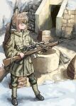  1girl absurdres animal_ears battle_rifle brown_hair camouflage camouflage_pants fox_ears fox_girl green_jacket green_pants gun highres jacket m14 original pants ponytail rifle scope serious sketch solo weapon woodland_camouflage yihan_world 