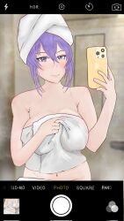   area_15 bathroom betadinobatluka breasts highres holding holding_phone holding_towel hololive hololive_indonesia large_breasts mirror_selfie moona_hoshinova naked_towel phone purple_hair selfie towel virtual_youtuber