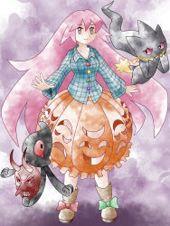  1girl aqua_shirt banette boots bow brown_boots bubble_skirt closed_mouth crossover footwear_bow full_body greatmothsucks green_bow hata_no_kokoro highres long_hair long_sleeves looking_at_viewer mask orange_skirt pink_eyes pink_hair plaid_clothes plaid_shirt pokemon pokemon_(creature) red_bow red_eyes shirt skirt standing sugimori_ken_(style) touhou yamask 