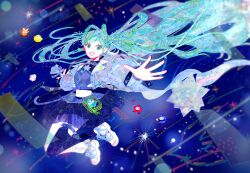  1girl :d ankle_socks aqua_eyes aqua_hair aqua_jacket blue_background blue_shirt blue_skirt blue_thighhighs braid braided_hair_rings breasts charm_(object) colored_eyelashes commentary_request crop_top cropped_jacket eyelashes floating_hair full_body hair_rings hatsune_miku highres jacket jumping long_hair long_sleeves looking_at_viewer magical_mirai_(vocaloid) magical_mirai_miku magical_mirai_miku_(2025) masking_tape_(medium) midriff mixed_media multicolored_eyes multicolored_hair open_clothes open_jacket puffy_long_sleeves puffy_sleeves reaching reaching_towards_viewer ryono sandals shirt signature single_thighhigh skirt sleeveless sleeveless_shirt small_breasts smile socks solo star_(sky) star_(symbol) streaked_hair thigh-highs traditional_media twintails unconventional_media very_long_hair vocaloid white_sandals white_socks 