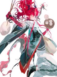  1boy absurdres aqua_coat aqua_eyes arknights bamboo_steamer belt_charm black_coat black_collar black_dragon black_horns black_shirt black_shoes bracelet charm_(object) chinese_clothes chopsticks closed_mouth coat collar colored_extremities colored_skin curtained_hair dragon dragon_horns dragon_tail eastern_dragon eastern_dragon_horns eastern_dragon_tail food foot_out_of_frame forked_eyebrows furisode_sleeves hair_between_eyes highres holding holding_bamboo_steamer holding_chopsticks holding_food horns jade_(gemstone) jewelry lomizuki long_hair looking_at_viewer male_focus mandarin_collar multicolored_horns multicolored_shoes pants pearl_bracelet pointy_ears ponytail red_fur red_hair red_shoes red_skin shirt shoes short-sleeved_coat simple_background smile solo steamed_bun tail tassel two-sided_coat two-sided_fabric two-tone_horns v-shaped_eyebrows white_background white_coat white_horns white_pants white_shoes yu_(arknights) 