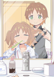  1boy 1girl adjusting_another&#039;s_hair bathroom brother_and_sister brown_hair brushing_teeth faucet gakuran green_eyes highres long_sleeves mirror morning namari_siro oka_asahi oka_yuuya onii-chan_wa_oshimai! pov reflection reflection_focus school_uniform short_hair siblings sink sleepy smile soap suspenders toothbrush upper_body 