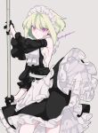  1boy alternate_costume apron armpits ascot belt black_dress black_gloves blonde_hair crossdressing detached_sleeves dress earrings gloves grey_background half_gloves holding holding_pole jewelry lio_fotia maid maid_apron maid_headdress male_focus otoko_no_ko pole promare puffy_detached_sleeves puffy_sleeves short_hair simple_background solo standing triangle_earrings violet_eyes white_ascot white_belt wind yon_prmr 