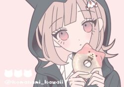  1girl artist_name black_jacket brown_hair collared_shirt danganronpa_(series) danganronpa_2:_goodbye_despair doughnut food frown galaga grey_background hands_up holding holding_food hood hood_up hooded_jacket jacket komanami_kawaii medium_hair nanami_chiaki shirt simple_background solo spaceship_hair_ornament white_shirt 