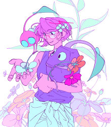  1girl bare_arms bare_shoulders black_eyes black_skin black_tank_top blue_eyes breasts brittany_(pikmin) closed_mouth collarbone colored_skin cowboy_shot eyelashes fingernails flat_color floral_background flower giving glasses hair_flower hair_ornament happy highres holding holding_flower humanization insect_wings leaf light_blush looking_at_flowers no_mouth orange_flower partially_undressed pikmin_(creature) pikmin_(series) pink_hair pink_skin pointy_nose red-framed_eyewear red_flower rock rock_pikmin small_breasts smile solid_circle_eyes spacesuit standing tank_top triangular_eyewear white_background white_flower winged_pikmin wings yu_pikmin 