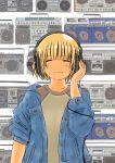  1girl ^_^ absurdres blonde_hair boombox closed_eyes denim denim_jacket facing_viewer hand_on_headphones headphones highres jacket marumo_516 open_clothes open_jacket original product_placement shirt short_hair solo standing upper_body wire 