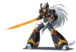  1boy absurdres armor black_armor black_helmet character_request chest_jewel dauntedx energy_blade energy_sword fake_zero_(mega_man) forehead_jewel full_body grey_hair helmet highres holding holding_sword holding_weapon long_hair looking_at_viewer mega_man_(series) mega_man_x3 mega_man_x_(series) ponytail shoulder_armor solo sword weapon z_saber 
