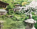  architecture bridge bush cherry_blossoms east_asian_architecture fern forest highres nature no_humans original painting_(medium) plant pond reflection reflective_water scenery toirom_pmxh traditional_media tree water watercolor_(medium) 