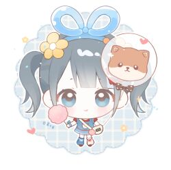  1girl :t animal_balloon asymmetrical_legwear balloon baonu_de_zhanshen_caibutou black_hair blue_background blue_bow blue_eyes blue_hairband blue_leg_warmers blue_overalls blue_ribbon blunt_bangs bow chewing chibi closed_mouth dress eating eyelashes floof_(infinity_nikki) flower fluffy_(infinity_nikki) frilled_straps hair_flower hair_ornament hair_ribbon hairband happy heart highres holding holding_balloon infinity_nikki leg_warmers light_blush light_particles looking_at_viewer mismatched_legwear nikki_(series) outline overall_skirt overalls plaid_bow red_ribbon red_shirt ribbon ribbon_legwear shirt short_dress short_hair short_sleeves short_twintails signature smile solo sparkle straight-on stylist_(nikki) t-shirt tareme twintails two-tone_background waist_bag white_background white_bag white_leg_warmers white_outline white_ribbon wrist_bow wristband yellow_flower 