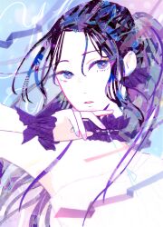  1girl abstract absurdres armpits asymmetrical_dress black_hair collar commentary_request dress ear_piercing english_commentary eyelashes forehead hand_up highres long_hair looking_at_viewer masking_tape_(medium) mixed-language_commentary mixed_media multicolored_hair original parted_lips piercing ponytail purple_collar purple_hair purple_nails purple_theme ryono scrunchie signature single_sidelock solo streaked_hair traditional_media unconventional_media upper_body white_dress wispy_bangs wrist_scrunchie 