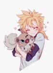  1boy aged_down animal blonde_hair blue_eyes cheek-to-cheek closed_eyes cloud_strife crossover dog earrings final_fantasy final_fantasy_vii grey_background heads_together heart highres holding holding_animal holding_pokemon jewelry layered_clothes layered_sleeves low_ponytail male_focus medium_hair one_eye_closed pokemon pokemon_(creature) ponytail rockruff shirt short_ponytail simple_background smile spiky_hair stud_earrings t-shirt tail tail_wagging tongue tongue_out triplemelon1 white_shirt 