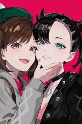  2girls :d ai-assisted aqua_eyes asymmetrical_bangs black_choker black_hair black_jacket brown_eyes brown_hair cardigan choker dress earrings gloria_(pokemon) green_hat grey_cardigan grin hat highres jacket jewelry looking_at_viewer marnie_(pokemon) multiple_girls pink_dress pokemon pokemon_swsh red_background simple_background smile tam_o&#039;_shanter tor_(torkrub111) twintails upper_body 