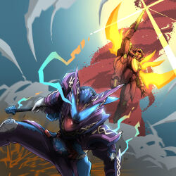 absurdres crossover dust_cloud eye_trail gleam glowing glowing_eyes gradient_background highres holding holding_sword holding_weapon kamen_rider kamen_rider_gavv kamen_rider_gavv_(series) light_trail mecha naitsupic no.1_sentai_gozyuger reverse_grip robot super_sentai sword tega_sword_origin weapon