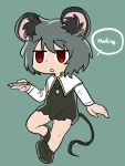  1girl aaaa_(aaaa480) animal_ear_fluff animal_ears capelet cookie_(touhou) crystal dress empty_eyes english_text expressionless flat_chest full_body green_background grey_dress grey_footwear grey_hair holding holding_pencil jewelry kofji_(cookie) long_sleeves looking_at_viewer medium_bangs mouse_ears mouse_girl mouse_tail nazrin open_mouth pencil pendant red_eyes shirt shoes short_hair simple_background solo standing standing_on_one_leg tail touhou white_capelet white_shirt 
