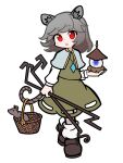  1girl animal_ears black_footwear capelet commentary full_body grey_hair grey_shirt grey_skirt long_sleeves looking_at_viewer mouse mouse_ears mouse_girl mouse_tail nazrin open_mouth pagoda parody puyopuyo red_eyes shinmon_akika shirt short_hair simple_background skirt socks style_parody tail touhou triangle_mouth white_background white_socks 