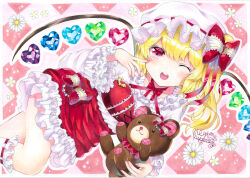 1girl bat_ornament blonde_hair blush bow bowtie checkered_background collar crystal_wings daisy_(flower) feet_out_of_frame finger_to_face flandre_scarlet flower frilled_collar frilled_skirt frilled_sleeves frills hair_bow hat heart heart_wings highres holding holding_stuffed_toy knees long_hair mob_cap multicolored_wings neck_ribbon one_eye_closed open_mouth pink_background red_bow red_bowtie red_bustier red_eyes red_ribbon red_skirt ribbon shirt side_ponytail skirt solo stuffed_animal stuffed_toy teddy_bear teeth thighs touhou traditional_media upper_teeth_only whipberry white_flower white_hat white_shirt wings 
