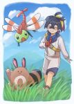  1boy aritsune01 black_hair blue_shirt blush border closed_eyes clouds collared_shirt colored_inner_hair commentary_request crossed_bangs day gloves grass grin hair_between_eyes highres jacket kieran_(pokemon) knees male_focus mole mole_on_neck multicolored_hair necktie outdoors pokemon pokemon_(creature) pokemon_(game) pokemon_sv red_gloves red_necktie sentret shirt shoes shorts single_glove sky smile teeth white_border white_jacket white_shorts yanma 