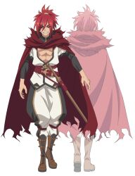  2girls abs anime_coloring back belt black_shirt bokken boots brown_boots cloak full_body highres isouchi_yuusuke japanese_clothes kimono looking_at_viewer luke_sykol multiple_girls multiple_views muscular muscular_male nageki_no_bourei_wa_intaishitai official_art pants pectorals ponytail red_belt red_cloak red_eyes red_hair shirt simple_background smile standing sword teeth torn_cloak torn_clothes transparent_background tsurime v-shaped_eyebrows weapon white_kimono white_pants wooden_sword 