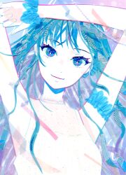  1girl abstract absurdres aqua_hair arm_scrunchie armpits arms_up blue_eyes blue_hair blue_scrunchie blue_theme breasts closed_mouth collared_dress commentary_request dress english_commentary eyelashes frilled_shirt_collar frills head_tilt highres light_smile long_hair looking_at_viewer masking_tape_(medium) mixed-language_commentary mixed_media multicolored_hair original ryono scrunchie sleeveless sleeveless_dress small_breasts solo streaked_hair traditional_media unconventional_media upper_body white_dress wispy_bangs wrist_scrunchie 