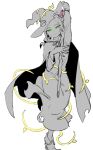  1girl 4lily andou_ringo cape closed_mouth dress foot_out_of_frame green_eyes greyscale hat highres long_hair looking_at_viewer monochrome nail_polish pointy_footwear puyopuyo puyopuyo_7 simple_background smile solo white_background witch witch_hat 