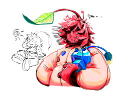  1boy big_nose blue_eyes blue_skin bud buttons closed_eyes colored_skin creature expressionless gloves hand_on_own_head highres holding holding_creature hot humanization ice ice_pikmin leaf leafling multiple_views no_mouth partially_colored partially_undressed pikmin_(creature) pikmin_(series) pikmin_4 red_fur red_gloves red_leafling shout_lines simple_background spacesuit sun_symbol sweat tank_top white_background yu_pikmin 