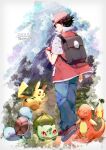  1boy absurdres backpack bag black_bag black_hair blue_pants bright_pupils brown_eyes bulbasaur charmander closed_eyes closed_mouth dated fangs from_behind highres holding holding_poke_ball jacket katatsumuri_72 light_particles male_focus open_mouth pants path pikachu poke_ball poke_ball_(basic) pokemon pokemon_(creature) pokemon_(game) pokemon_rgby red_(pokemon) red_eyes red_footwear red_headwear red_jacket short_hair short_sleeves smile squirtle twitter_username white_pupils 