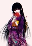  1girl black_hair blunt_bangs covered_mouth cowboy_shot enma_ai flower hime_cut holding holding_flower japanese_clothes jigoku_shoujo kimono logo long_hair long_sleeves looking_at_viewer obi print_kimono purple_kimono red_eyes red_flower sash sasora simple_background solo spider_lily very_long_hair white_background wide_sleeves 