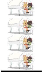  +++ 1girl 1other animal_ears antlers black_eyes black_pants blonde_hair braid brown_hair colored_skin commentary crying deer_antlers deer_ears deer_girl deer_tail deltarune demon_horns dress eighth_note fake_horns furry furry_female grand_piano green_hoodie highres hood hoodie hooves horn_hairband horns instrument kris_(deltarune) laughing musical_note nas_u noelle_holiday on_bench pants piano piano_bench pinafore_dress quarter_note red_dress red_horns shirt short_hair single_horizontal_stripe single_tear sitting sleeveless sleeveless_dress spoken_musical_note striped_clothes striped_hoodie symbol-only_commentary tail utdr_(toby_fox) white_shirt yellow_skin 