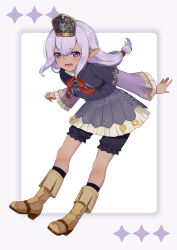  1girl :d absurdres black_shorts blush boots brown_boots dark-skinned_female dark_skin elf elvaan final_fantasy final_fantasy_xi full_body highres kyuzuki89 long_hair looking_at_viewer low-tied_long_hair lower_teeth_only pointy_ears prishe purple_hair shorts smile solo teeth violet_eyes wide_sleeves 