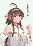  1girl absurdres ahoge brown_hair chest_sarashi clenched_hand closed_mouth commentary_request detached_sleeves double_bun hair_bun hand_up headgear highres japanese_clothes jouzaburou_(joe3) kantai_collection kongou_(kancolle) kongou_kai_ni_(kancolle) long_hair looking_ahead nontraditional_miko ribbon-trimmed_sleeves ribbon_trim sarashi serious simple_background solo sparkle upper_body violet_eyes wide_sleeves 