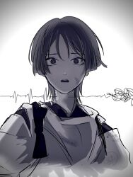  1boy blunt_ends bow cardiogram dango_oo000 genshin_impact greyscale highres japanese_clothes kariginu large_bow layered_sleeves looking_at_viewer lower_eyelashes_only male_focus monochrome open_mouth portrait scaramouche_(genshin_impact) scaramouche_(kabukimono)_(genshin_impact) sketch solo straight-on tasuki teeth twitter_username upper_teeth_only wide_sleeves wispy_bangs 