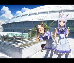  2girls animal_ears blush bow bowtie brown_hair closed_eyes cowboy_shot double_v ear_bow earrings frilled_skirt frills gradient_hair grey_hair highres horse_ears horse_girl horse_tail horseshoe_ornament jewelry long_hair looking_at_viewer mejiro_mcqueen_(umamusume) mejiro_ryan_(umamusume) multicolored_hair multiple_girls nishiki_kazue pleated_skirt puffy_short_sleeves puffy_sleeves purple_bow purple_bowtie purple_hair purple_shirt purple_trim sailor_collar school_uniform shirt short_hair short_sleeves single_earring skirt smile stadium sweatdrop tail thigh-highs tracen_school_uniform two-tone_hair two-tone_shirt umamusume v violet_eyes white_shirt white_skirt white_thighhighs zettai_ryouiki 