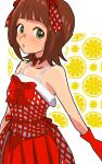  1girl :o amami_haruka bare_arms bare_shoulders bow brown_hair choker collarbone dress flipped_hair food fruit fruit_background fur-trimmed_dress fur_trim gloves green_eyes hair_ribbon highres idolmaster idolmaster_(classic) idolmaster_million_live! idolmaster_million_live!_theater_days kibitakibi lemon lemon_slice light_blush medium_hair plaid plaid_dress plaid_ribbon red_bow red_dress red_gloves ribbon ribbon_choker simple_background solo white_background 