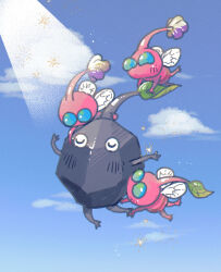  asaikaina black_skin blue_eyes blue_sky closed_eyes clouds colored_skin creature creature_focus flower flying happy insect_wings leaf light_blush light_particles no_humans no_mouth pikmin_(creature) pikmin_(series) pink_skin purple_flower rock rock_pikmin sky solid_circle_eyes sparkle spotlight winged_pikmin wings 