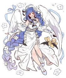  1girl angel_wings bare_legs bare_shoulders blue_hair blush braid braided_ponytail breasts commentary detached_sleeves dizzy_(guilty_gear) english_commentary fingerless_gloves flower frills front_slit gloves guilty_gear guilty_gear_strive hair_flower hair_ornament hair_ribbon highres ky_gwangin large_breasts long_hair long_skirt low-tied_long_hair open_mouth queen_dizzy red_eyes ribbon skirt solo swept_bangs tail tail_ornament tail_ribbon white_background white_gloves wings 