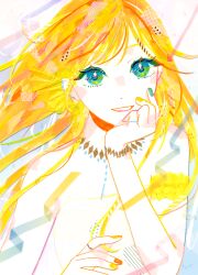  1girl abstract absurdres aqua_eyes aqua_nails arm_scrunchie blonde_hair blue_eyes bracelet commentary_request dress ear_piercing english_commentary eyelashes hand_up head_rest highres jewelry long_hair looking_at_viewer masking_tape_(medium) mixed-language_commentary mixed_media multicolored_eyes multicolored_hair multicolored_nails necklace orange_nails original parted_bangs piercing ring ryono scrunchie signature simple_background sketch_inset solo strapless strapless_dress streaked_hair traditional_media unconventional_media upper_body white_dress yellow_eyes yellow_nails yellow_scrunchie 