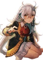 1girl :< ahoge ascot black_jacket blush braid collared_dress dress fate/grand_order fate_(series) hair_between_eyes hand_up jacket jewelry long_hair long_sleeves looking_at_viewer natori_re olga_marie_animusphere orange_eyes red_ascot side_braid simple_background sitting solo tearing_up very_long_hair white_background white_dress white_hair yokozuwari 