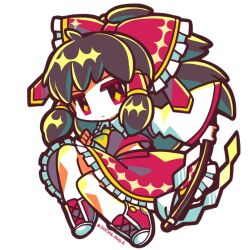  1girl ascot bow brown_hair chibi closed_mouth commentary_request cross-laced_shoes detached_sleeves food frilled_shirt_collar frilled_skirt frills fruit full_body gohei hair_bow hakurei_reimu holding holding_gohei jitome long_hair long_sleeves mandarin_orange red_bow red_eyes red_shirt red_shoes red_skirt shirt shoes simple_background skirt socha solo touhou white_background white_shoes white_sleeves yellow_ascot 