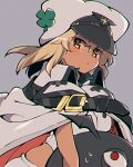  1girl blonde_hair clover dark-skinned_female dark_skin four-leaf_clover grey_background guilty_gear guilty_gear_strive hair_between_eyes hat itsuka_neru looking_at_viewer lucifero_(guilty_gear) orange_eyes ramlethal_valentine simple_background 