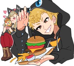  1boy 1girl animal_ear_hood black_hoodie blonde_hair blue_eyes boots brown_boots burger character_hood commentary_request cropped_torso fingernails food french_fries grin hair_ornament hairclip highres holding holding_plate hood hoodie ketchup lace-up_boots long_hair long_sleeves maitakepasuta pants persona persona_5 plate red_pants sakamoto_ryuuji short_sideburns simple_background sitting smile takamaki_anne teeth wavy_hair white_background yellow_eyes 