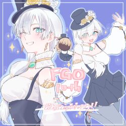  1girl anastasia_(celebratory_attire)_(fate) anastasia_(fate) blue_background blue_eyes detached_collar dpw6p39pwizgzdz dress earrings fate/grand_order fate_(series) flower grey_hair grey_pantyhose grin hat hat_flower highres jewelry long_hair multi-tied_hair one_eye_closed pantyhose smile top_hat 