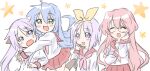  4girls :d absurdres ahoge blue_hair blush_stickers collar green_eyes hair_between_eyes hair_ornament hair_ribbon highres hiiragi_kagami hiiragi_tsukasa izumi_konata long_hair long_sleeves looking_at_viewer lucky_star mayoineko multiple_girls neckerchief open_mouth pink_hair pleated_skirt purple_hair ribbon sailor school school_uniform serafuku shirt skirt smile socks standing takara_miyuki twintails uniform violet_eyes white_shirt winter_uniform 